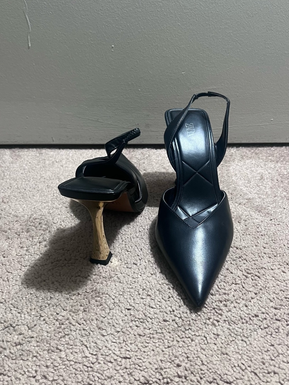 Zara Black Pointed Slingback Pumps with Gold Sculpted Heel